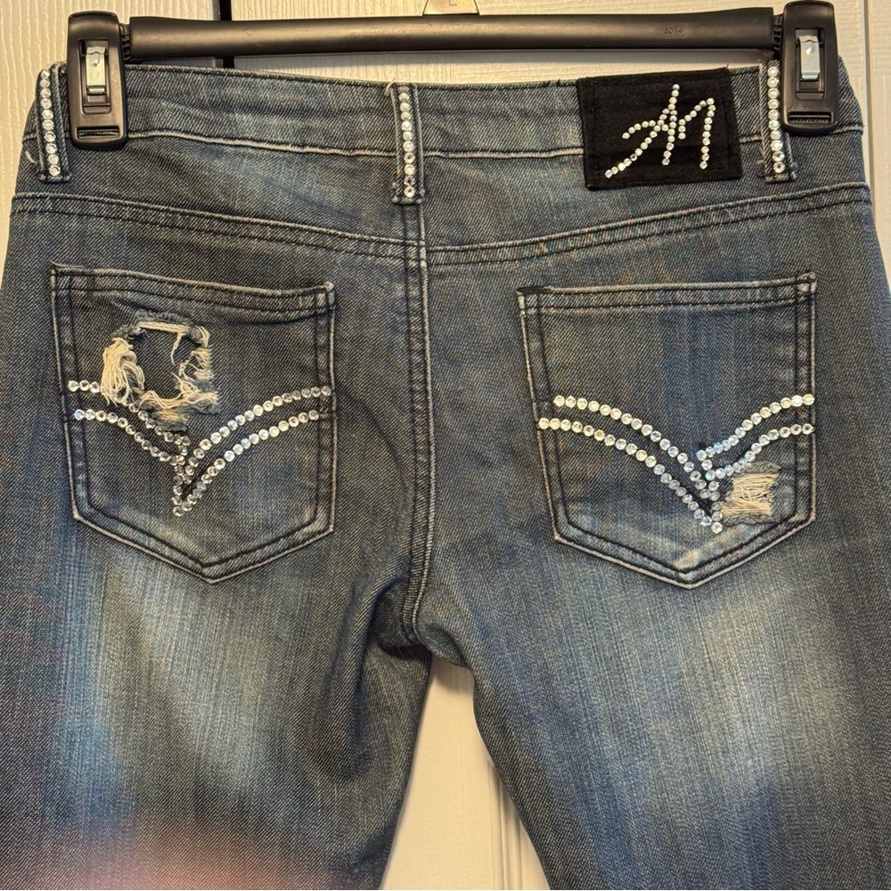 A7 Distressed Blue Jeans with Swarovski Crystals, Size 26 - Picture 5 of 12